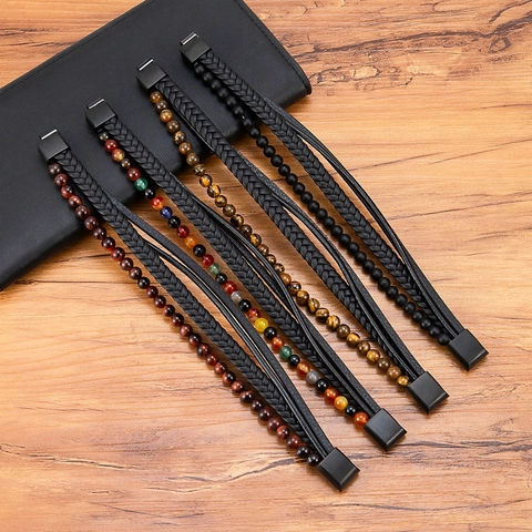 Men Multi-layer Genuine Leather Braided Bracelet Natural Tiger Eye Agate Stone Stainless Steel Magnetic Clasp Vintage Hand Jewelry