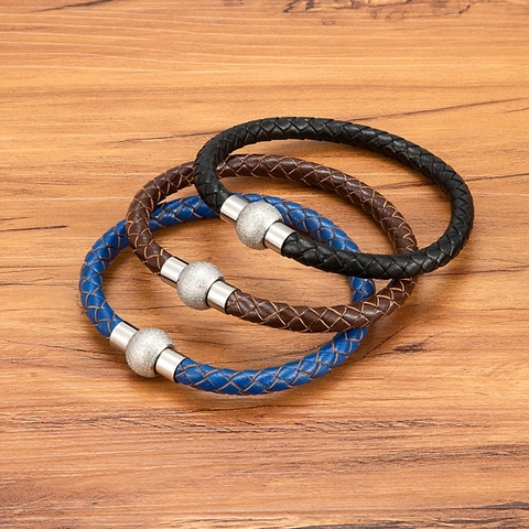 Herren Geflochtenes Echtes Lederarmband Edelstahl Magnetverschluss Mattierte Metallperle Minimalistischer Business Casual Mode Schmuck Geschenk
