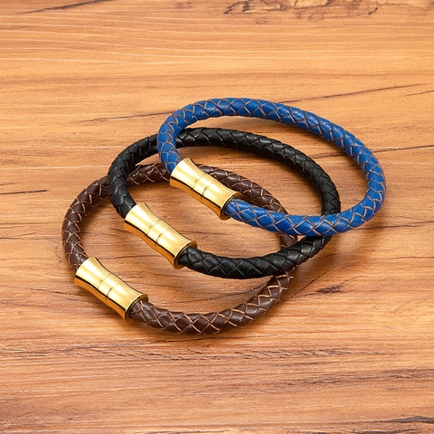 Vintage Geflochtenes Echtleder Armband Für Herren Damen Edelstahl Magnetverschluss Casual Fashion Schmuck Armreif