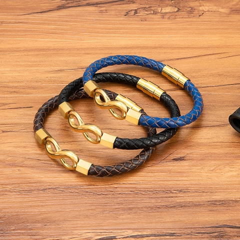 Herren Minimalistisches Edelstahl Unendlichkeitssymbol Charm Geflochtenes Echtleder Armband Mit Magnetverschluss Lässiger Modeschmuck