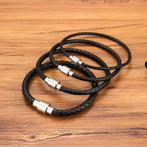 Men Braided Leather Bracelet With Stainless Steel Magnetic Clasp Minimalist Handwoven Wristband Classic Casual Fashion Jewelry