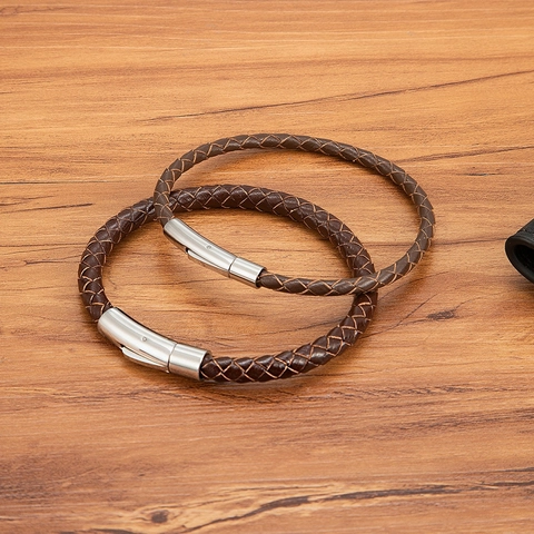 Pulsera de Cuero Trenzado para Hombre Con Cierre de Presión de Acero Inoxidable Joyería de Moda Informal para Uso Diario Accesorios Retro