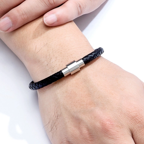Men Braided Leather Bracelet With Stainless Steel Magnetic Clasp Minimalist Handwoven Wristband Classic Casual Fashion Jewelry
