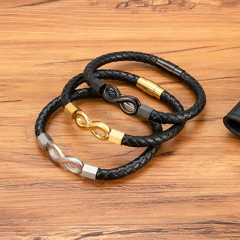 Herren Minimalistisches Edelstahl Unendlichkeitssymbol Charm Geflochtenes Echtleder Armband Mit Magnetverschluss Lässiger Modeschmuck