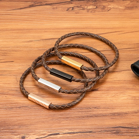 Herren Minimalistisches Geflochtenes Echtleder Armband Mit Edelstahl Magnetverschluss Mode Schmuck Geschenk Für Männer
