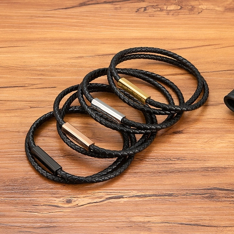 Men Double Wrap Braided Genuine Leather Bracelet With Magnetic Stainless Steel Clasp Minimalist Fashion Jewelry Gift