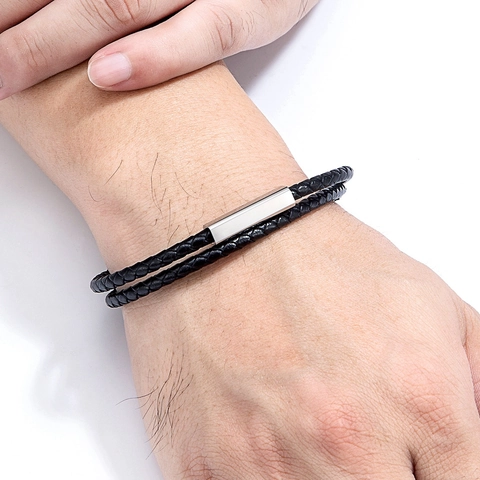 Men Double Wrap Braided Genuine Leather Bracelet With Magnetic Stainless Steel Clasp Minimalist Fashion Jewelry Gift