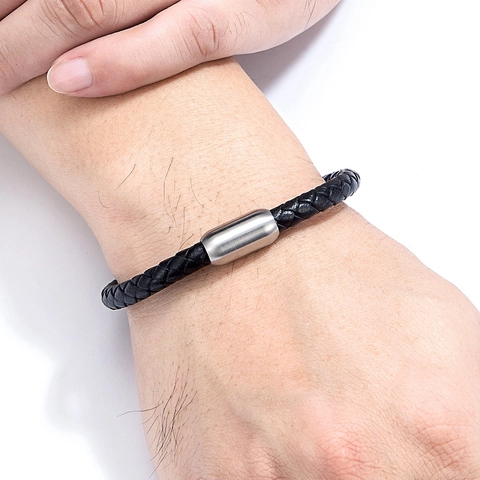 Bracelet en Cuir Tressé pour Hommes Acier Inoxydable Fermoir Magnétique Jonc Or Noir Argent Bleu Bijoux de Mode