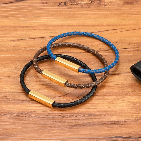 Herren Minimalistisches Geflochtenes Lederarmband Mit Magnetischem Edelstahlverschluss Elegantes Mode Schmuck Blau Gold Schwarz Geschenk