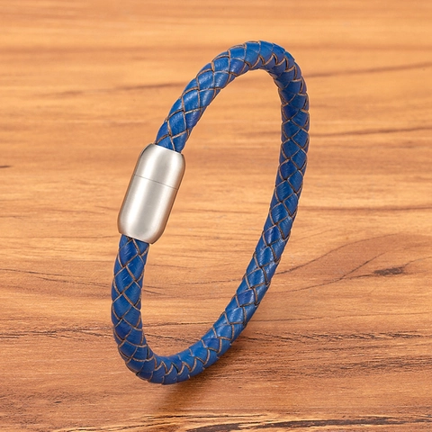 Men Minimalist Braided Leather Bracelet With Stainless Steel Magnetic Clasp Blue Brown Fashion Casual Wristband Jewelry Gift
