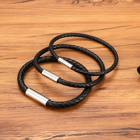 Minimalistisches Geflochtenes Echtes Lederarmband Für Herren Edelstahl Magnetverschluss Zylindrischer Schmuck Modeaccessoire Geschenk