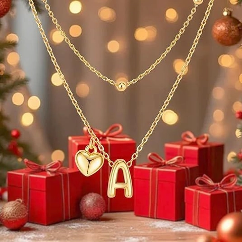 Elegant 14K Gold Plated Copper Double Layer Necklace With Initial Letter And Heart Pendant Jewelry Gift For Women