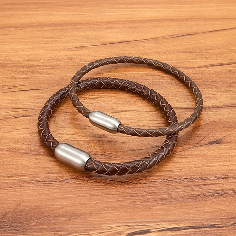 Men Minimalist Braided Leather Bracelet With Stainless Steel Magnetic Clasp Blue Brown Fashion Casual Wristband Jewelry Gift