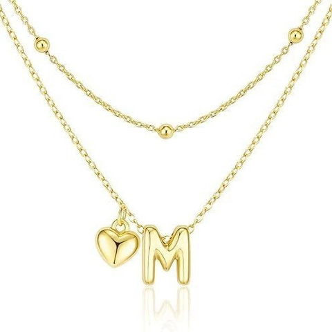 Elegant 14K Gold Plated Copper Double Layer Necklace With Initial Letter And Heart Pendant Jewelry Gift For Women