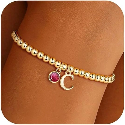 Women Gold Plated Copper Bead Initial Letter Birthstone Bracelet Adjustable Elastic Fashion Jewelry Birthday Gift