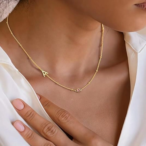 14K Gold Plated Copper Initial Birthstone Necklace For Women Initial A-Z Letter Pendant Necklace With Satellite Beaded Chain Personalized Jewelry Gift