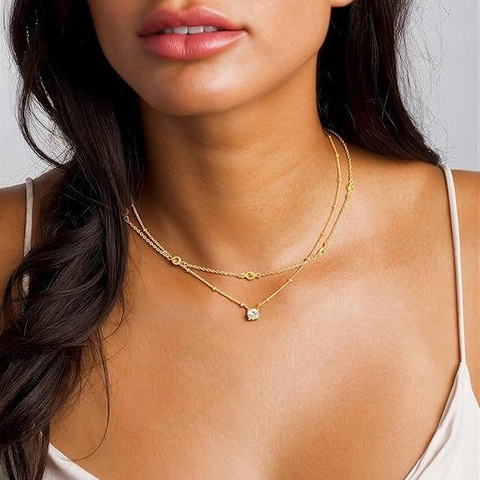 Elegant Double Layer Titanium Steel Necklace For Women Gold Plated Copper Zirconia Single Diamond Beads Chain Choker Jewelry