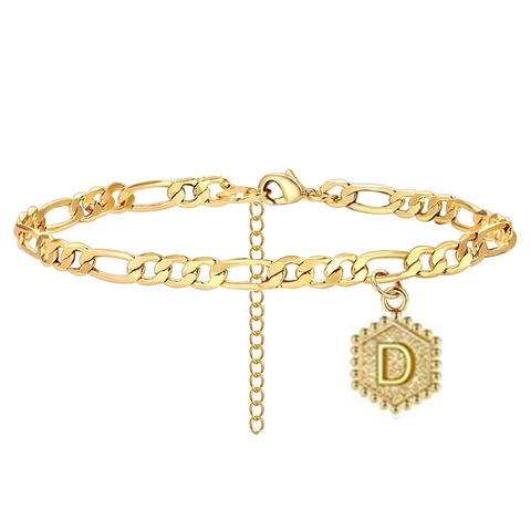 Mode Kupfer Vergoldet Figarokette Sechseck Kapital Anfangsbuchstabe Fußkettchen Für Damen Alphabet Anhänger Fuß Schmuck Geschenk