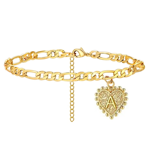 Initial Letter Heart Pendant Anklet Gold Plated Copper Figaro Chain Adjustable Minimalist Jewelry For Women Men Gift