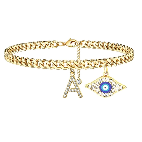 Gold Plated Copper Evil Eye Initial Letter Anklet For Women Zirconia Micro Pave Cuban Chain Foot Jewelry Trendy Summer Beach Anklets