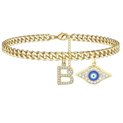 Gold Plated Copper Evil Eye Initial Letter Anklet For Women Zirconia Micro Pave Cuban Chain Foot Jewelry Trendy Summer Beach Anklets