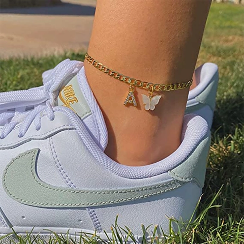 Fashion Gold Plated Alloy Butterfly Anklet With Rhinestone Initial Letter Charm Adjustable Beach Summer Jewelry For Women