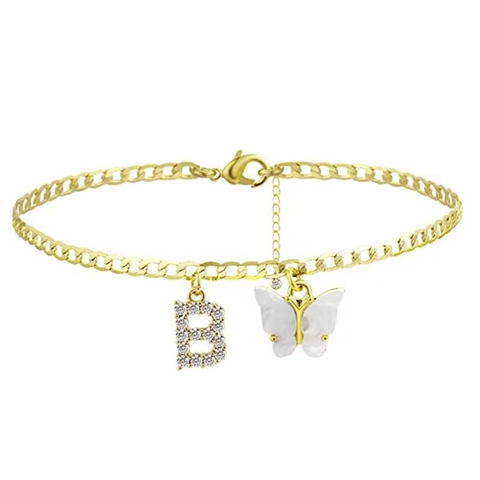 Fashion Gold Plated Alloy Butterfly Anklet With Rhinestone Initial Letter Charm Adjustable Beach Summer Jewelry For Women