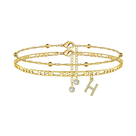 Fashion Gold Plated Alloy Initial Anklet For Women Zirconia Alphabet Pendant Figaro Chain Double Layered Beach Jewelry Foot Chain