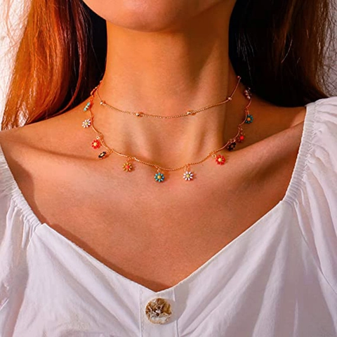 Collier Pendentif Marguerite Colorée Bohème Pour Femmes Ras Du Cou En Acier Inoxydable Plaqué Or Bijoux Floraux Frais Cadeau