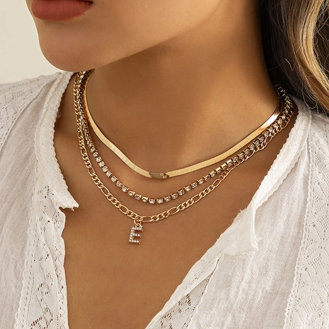 Women Stainless Steel Multi-layer Necklace Set Initial Letter Pendant Snake Bone Tennis Figaro Chain Gold Silver Jewelry