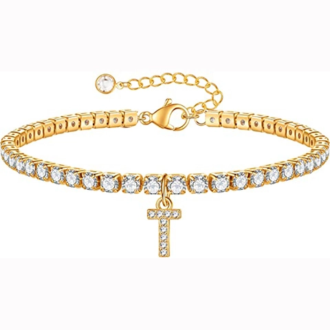 Fashion Gold Silver Plated Brass Tennis Bracelet With Rhinestone Initial Letter Pendant Adjustable Bracelet For Women