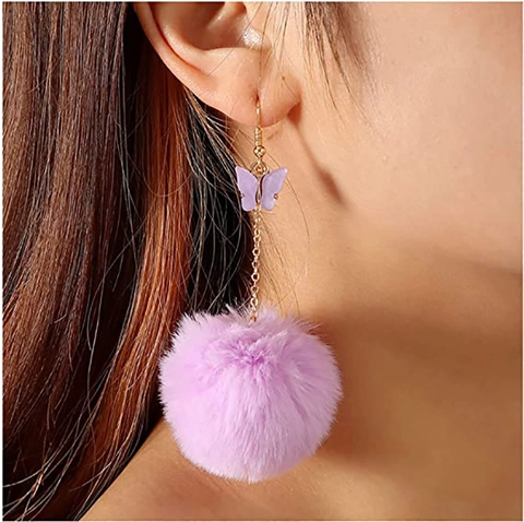 Fashion Sweet Alloy Acrylic Butterfly Mink Fur Pom-pom Long Dangle Earrings Gold Plated Earring Hook Jewelry For Women