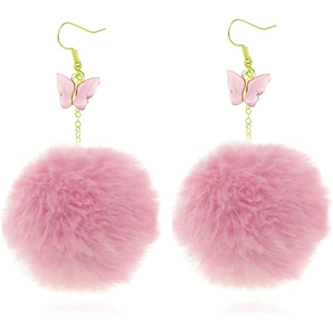 Fashion Sweet Alloy Acrylic Butterfly Mink Fur Pom-pom Long Dangle Earrings Gold Plated Earring Hook Jewelry For Women