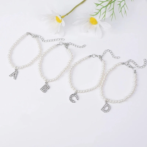 Minimalist Faux Artificial Pearl Bracelet With Zirconia Inlaid Alphabet Initial Letter Pendant Adjustable For Women Girls Elegant Fashion Jewelry Gift