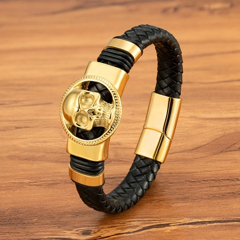 Herren Punk Edelstahl Leder Geflochtenes Armband Totenkopf Flügel Gold Silber Plattiert Biker Schmuck Geschenk Für Ihn