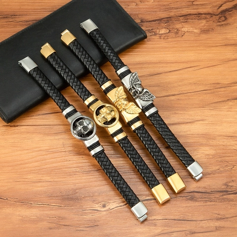 Herren Punk Edelstahl Leder Geflochtenes Armband Totenkopf Flügel Gold Silber Plattiert Biker Schmuck Geschenk Für Ihn