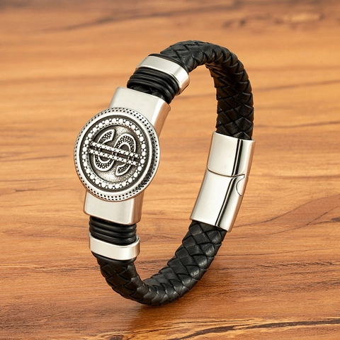 Herren Geflochtenes Leder Edelstahl Armband Dollarzeichen Spinne Muster Magnetverschluss Punk Hip Hop Armreif Schmuck