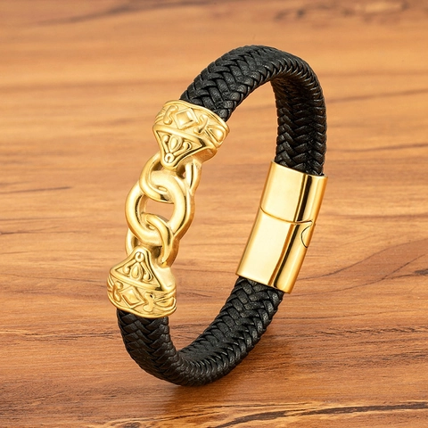 Vintage Men's Braided Leather Bracelet With Stainless Steel Magnetic Clasp Double Ring Punk Fashion Jewelry Gift