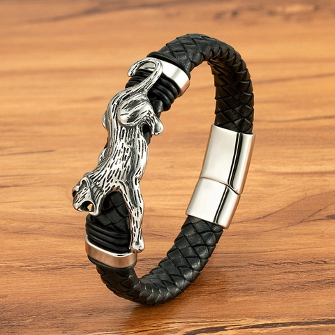 Herren Edelstahl Geflochtenes Lederarmband Leopard Drache Totem Tier Anhänger Armreif Mit Magnetverschluss Mode Schmuck Für Den Alltag