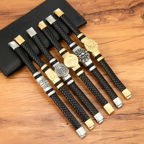 Herren Geflochtenes Leder Edelstahl Armband Dollarzeichen Spinne Muster Magnetverschluss Punk Hip Hop Armreif Schmuck