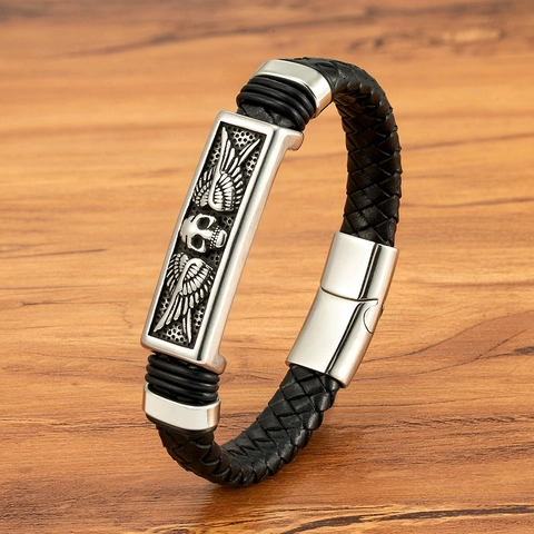 Men's Punk Skull Wing Braided Leather Bracelet Stainless Steel Magnetic Clasp Rock Gothic Biker Jewelry Gift