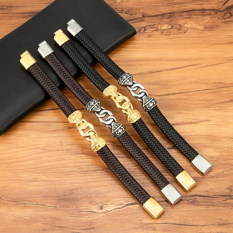 Vintage Men's Braided Leather Bracelet With Stainless Steel Magnetic Clasp Double Ring Punk Fashion Jewelry Gift