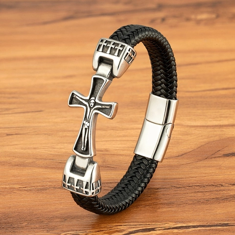 Vintage Edelstahl Kreuz Geflochtenes Lederarmband Für Herren Religiöses Kruzifix Magnetverschluss Gotischer Schmuck Geschenk