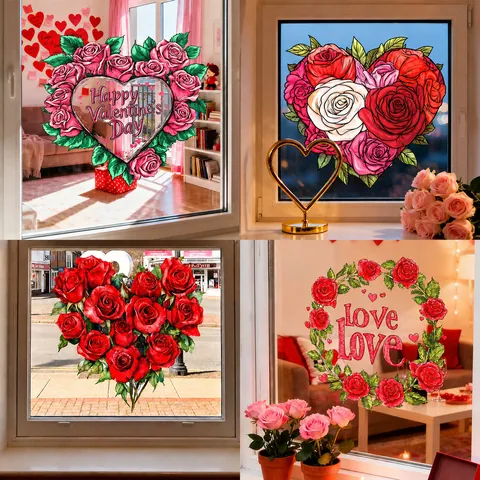 Adesivi Statici per Finestre a Forma di Cuore e Rose di San Valentino in PVC Decoro per Vetro Camion Rosa Gufo Orso Decorazione Casa