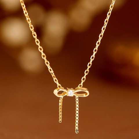 925 Sterling Zilver 14K Verguld Moissanite Strik Kwastje Sieradenset Voor Vrouwen Zoete Japanse Stijl Ketting Oorbellen Ear Cuff Cadeau