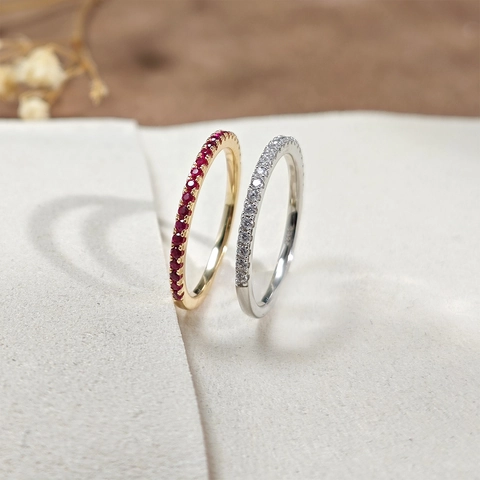 S925 Sterling Silver Red Corundum Eternity Band Ring For Women Gold Plated White Zirconia Minimalist Delicate Finger Ring