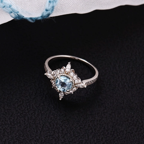 Vintage 925 Sterling Silver Ring With Red Garnet Sky Blue Topaz Zirconia Geometric Sunburst Finger Ring For Women Jewelry