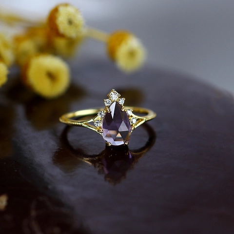 Vintage 925 Sterling Silver Gold Plated Natural Brazil Amethyst Pear Cut Ring Luxury Crown Water Drop Zirconia Ring For Women