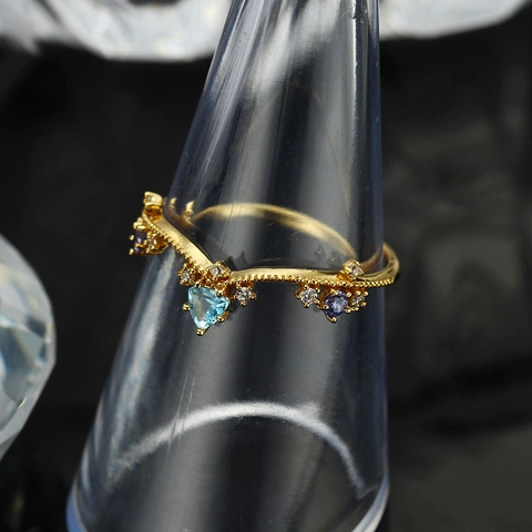 925 Sterling Silver Natural Swiss Blue Topaz Ring For Women 14K Gold Plated Heart V Shape Crown Cubic Zirconia Fashion Jewelry Gift