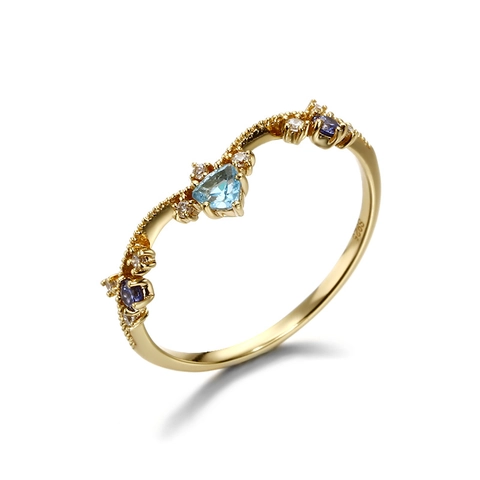 925 Sterling Silver Natural Swiss Blue Topaz Ring For Women 14K Gold Plated Heart V Shape Crown Cubic Zirconia Fashion Jewelry Gift